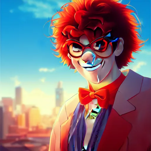 Prompt: close-up Makoto Shinkai portrait of Ronald McDonald with red clown nose, anime key visual, official media, Rossdraws, Lois van Baarle