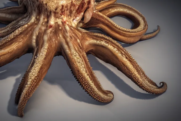 Image similar to An octopus made of muscles and flesh, very angry, teeth, ambient light, terror, glows, realistic, photo-realism, hyper realism, picture, detailed, 3D render, scary, distant shot, in the distance,