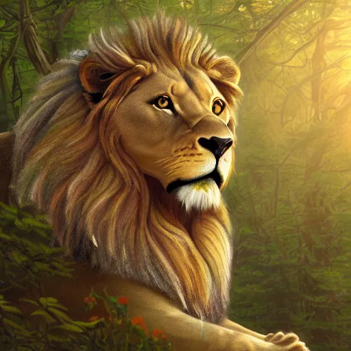 Prompt: A beautiful detailed painting of a lion with the head and wings of an eagle in a magical forest, ray traced sun light, by john sargent and Kalin Popov , Trending on artstation HD.