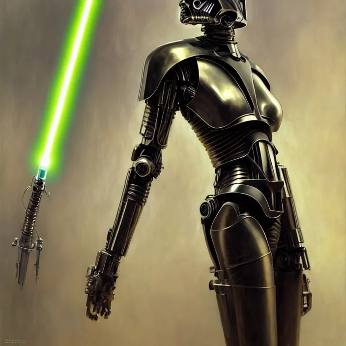 Prompt: organic cyborg, lightsaber held in left hand, diffuse lighting, fantasy, intricate, elegant, highly detailed, lifelike, photorealistic, digital painting, artstation, illustration, concept art, smooth, sharp focus, art by John Collier and Albert Aublet and Krenz Cushart and Artem Demura and Alphonse Mucha
