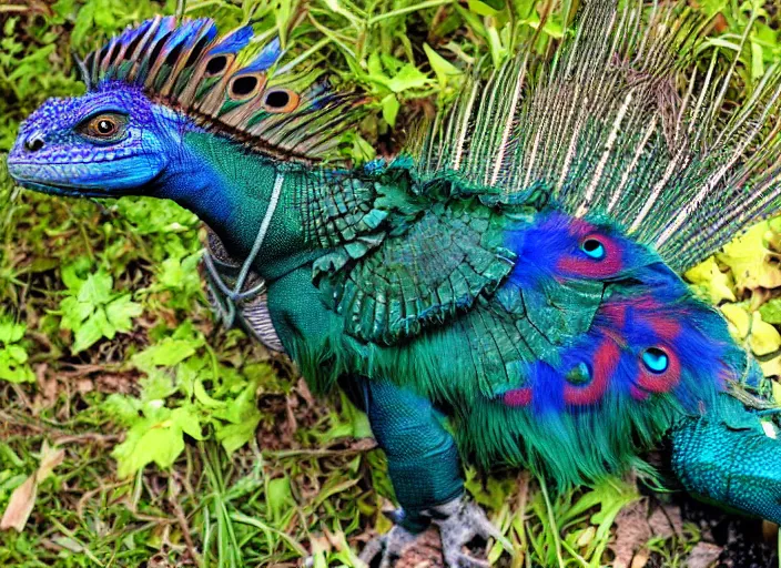 Prompt: photo of a hybrid between a horse and a peacock and an iguana