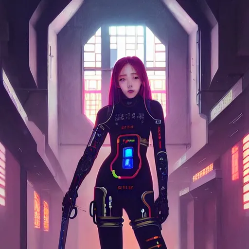 Image similar to painting of cyberpunk chuu loona kpop smiling cheerfully and fixing her black katana, ultra realistic, concept art, intricate details, eerie, highly detailed, photorealistic, octane render, 8 k, unreal engine. art by artgerm and greg rutkowski and magali villeneuve and alphonse mucha