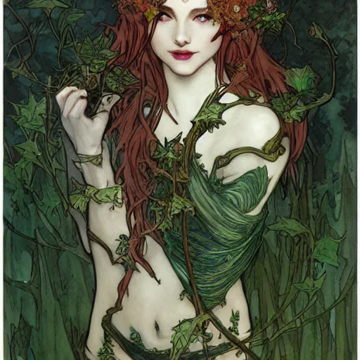 Image similar to a beautiful and detailed magic the gathering card of a seductive poison ivy as an elf druid, dark eyeliner, intricate, elegant, highly detailed, digital painting, artstation, concept art, matte, sharp focus, illustration, art by rebecca guay and by arthur rackham and by alphonse mucha and by john william waterhouse