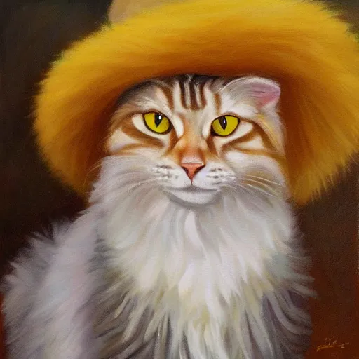 Prompt: Portrait Oil Painting, Ginger Maine-Coon with a white fluff wearing a sombrero sombrero