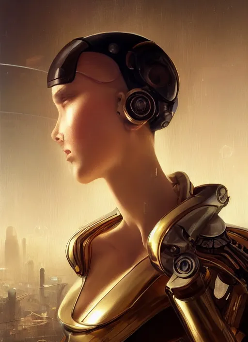 Image similar to beautiful delicate imaginative streamlined elegant futuristic close up portrait of a cyberpunk female sitting with elegant deadly looks, mechanical body on gold linings, smooth white and soft by ruan jia, tom bagshaw, alphonse mucha, krenz cushart, beautiful cyberpunk buildings in the background, epic sky, vray render, artstation, deviantart, pinterest, 5 0 0 px models