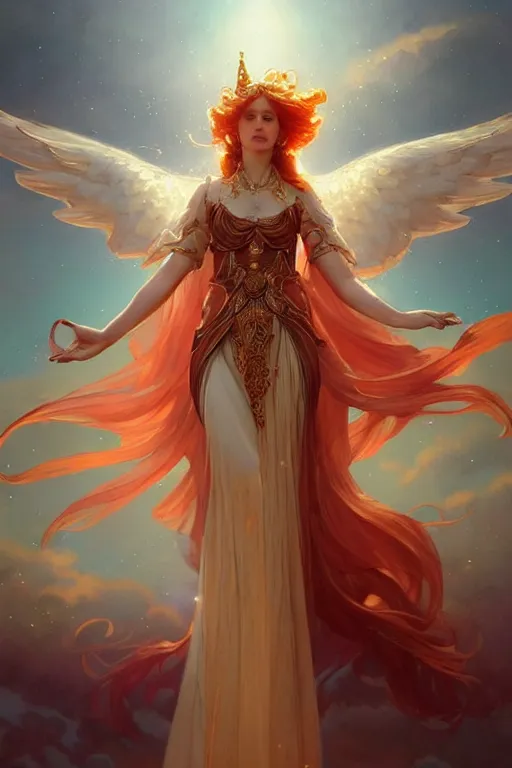 Image similar to beautiful angel princess flying in the sky, full body shot, red hair, d & d, fantasy, intricate, elegant, golden inlays, highly detailed, digital painting, artstation, concept art, matte, sharp focus, illustration, hearthstone, art by artgerm and greg rutkowski and alphonse mucha