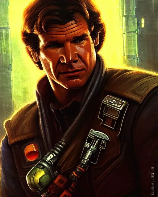 Prompt: character portrait closeup 4 0 years old han solo harrison ford cyberpunk starcraft terran warhammer 4 0 k space marine, confident, character design, painting by gaston bussiere, dan mumford, katsuya terada, frank frazetta, tom of finland, trending on artstation