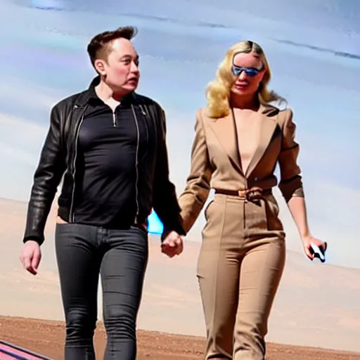 Image similar to elon musk and margot robbie holding hands on mars, highly detailed, hyper realistic