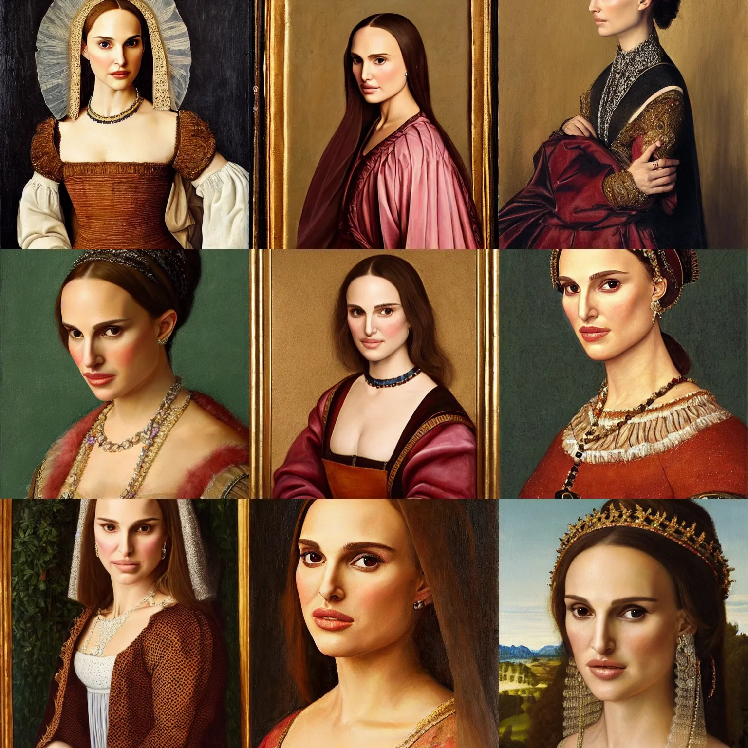 Prompt: a portrait of a Natalie Portman, full face, beautiful clothes, oil painting in a renaissance style , very detailed and testured