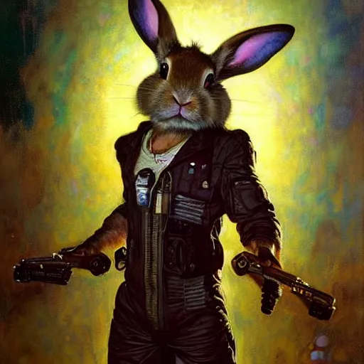 Image similar to portrait of a rabbit wearing a jumpsuit. shadowrun furaffiniy cyberpunk fantasy highly detailed painting by gaston bussiere craig mullins jc leyendecker gustav klimt artgerm greg rutkowski john berkey, bergey, craig mullins, ruan jia, raymond swanland, jeremy mann, tom lovell, alex malveda