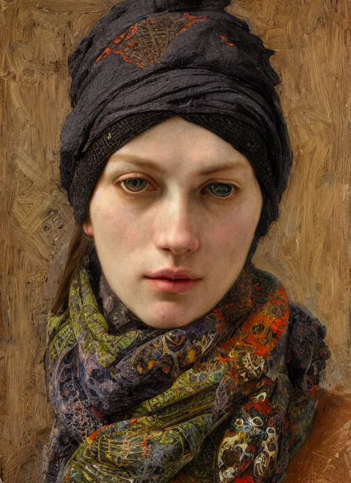 Prompt: close - up portrait of a beautiful woman wearing a scarf and a balaclava with intricate psychodelic patterns, by edgar maxence and caravaggio and michael whelan and delacroix style, artistic, intricate drawing, light brazen, realistic fantasy, extremely detailed and beautiful aesthetic face, establishing shot, 8 k resolution, dramatic lighting