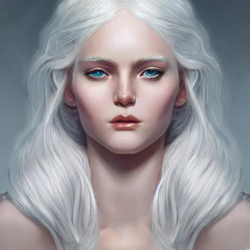 Prompt: goddess, white hair, long hair, closet eyes, seriousl look, praying, folded hands, artstation, highly detailed, georgeus, light background, by artgerm and gaston mussiere