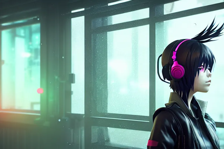 Image similar to a girl with headphones is looking at a rainy window in the style of a code vein character creation, cyberpunk art by Yuumei, cg society contest winner, rayonism light effects and bokeh, daz3d, vaporwave, deviantart hd , the secret world