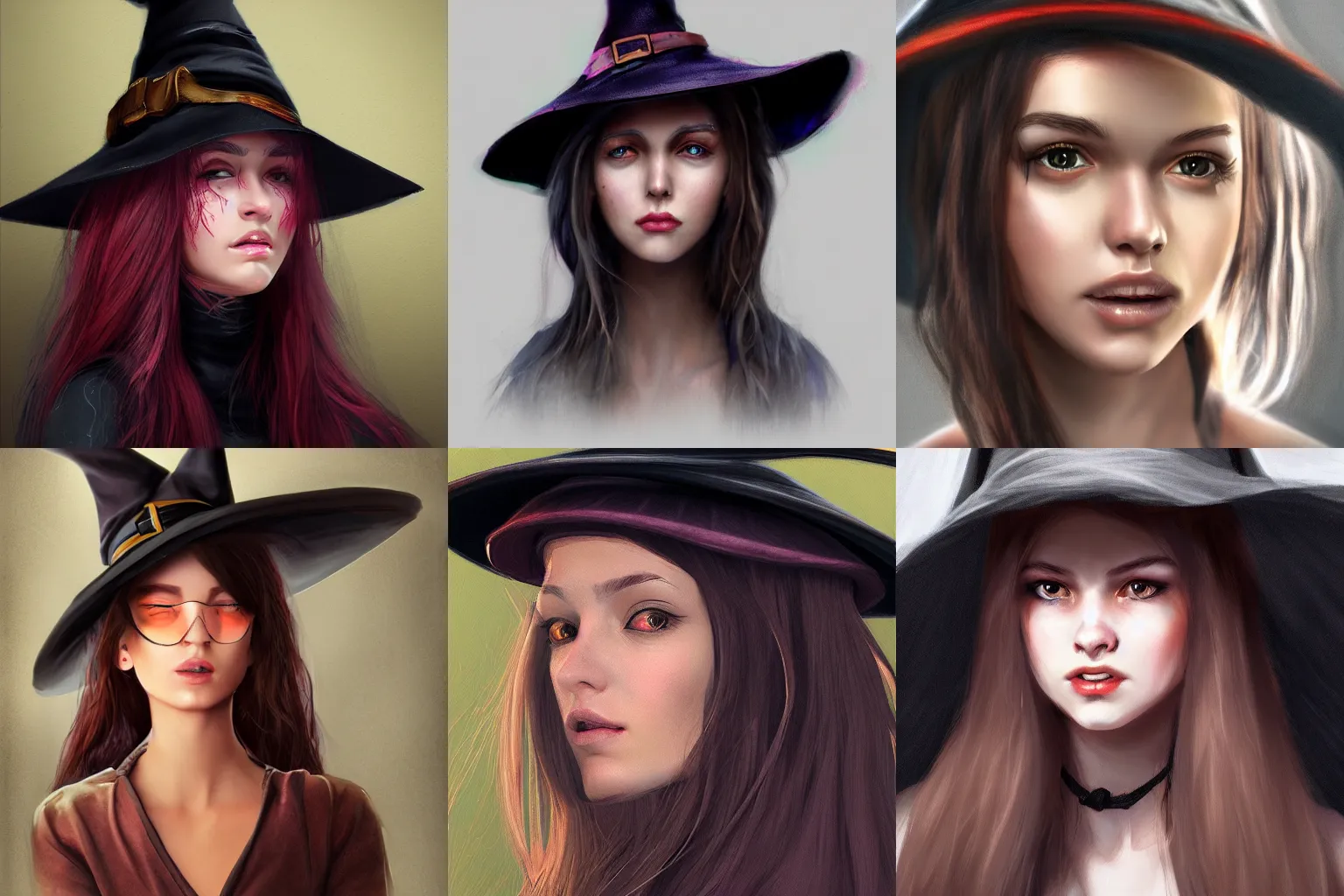 Prompt: young woman in a witch hat, trending on artstation, detailed, realistic