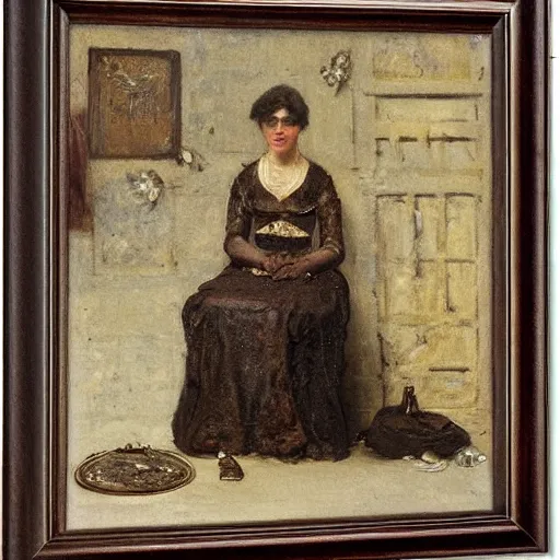 Prompt: woman collecting antique coins by alfred stevens