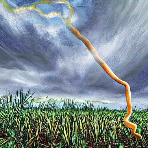 Prompt: a cyclone made from rum rips through a sugarcane field, thunder and lightning dancing in the sky, digital art