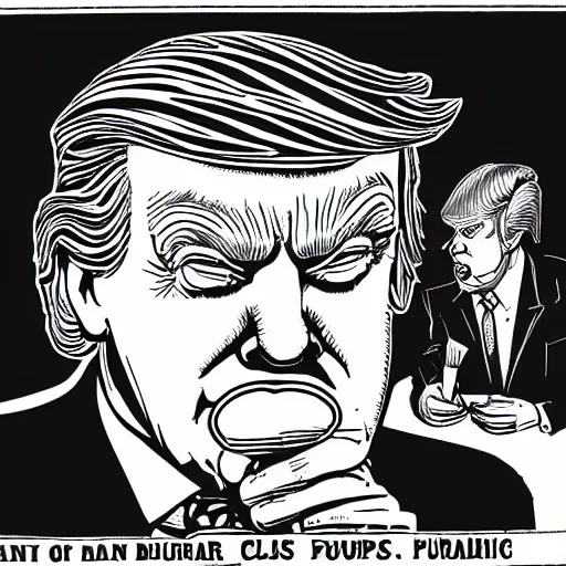 Image similar to close - up portrait of donald trump eating newspapers, by robert crumb, black and white drawing, very intricate