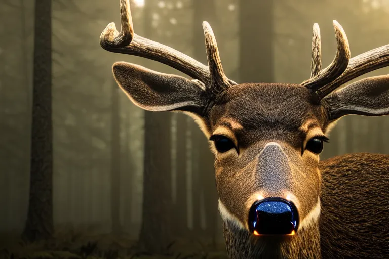 Image similar to a close up of the head of a deer with glowing eyes in the foreground, background of a landscape misty forest scene, the sun glistening through the trees, hyper realistic photograph, octane render 8k, trending on artstation, unreal engine