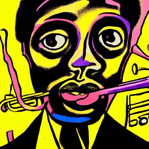 Image similar to miles davis in the style of daniel johnston, 4k