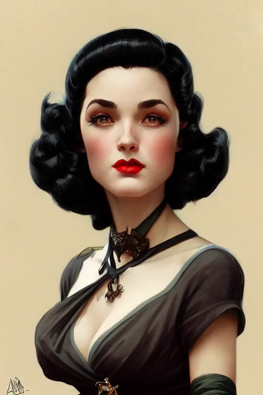 Prompt: a woman with black hair, dressed in 1940's fashion, D&D, fantasy, intricate, elegant, highly detailed, digital painting, artstation, concept art, matte, sharp focus, illustration, art by Artgerm and Greg Rutkowski and Alphonse Mucha