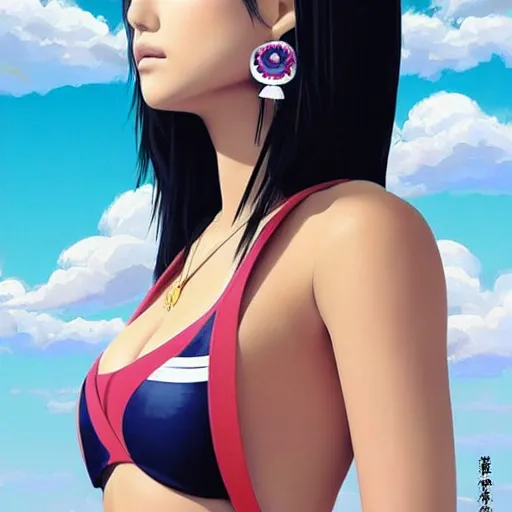Image similar to a beautiful young japanese natalie portman alluring gravure model, stylized concept art, wearing elegant designer bomber jacket and one piece bikini, bomber jacket with mesoamerican patterns, mesoamerican native street fashion, princess mononoke, painted by ilya kuvshinov aesthetic, gorgeous, stunning, alluring, attractive, artstation, pinterest, digital art