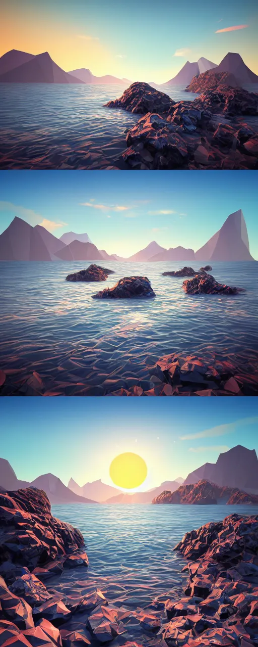 Image similar to super detailed color lowpoly art, northern sunset with rocks on front, monochrome photorealistic bay in the middle of perspective and mountains at background, graphic trowlers in random points ow bay, unreal engine, retrowave color palette, 3 d render, lowpoly, colorful, digital art, perspective