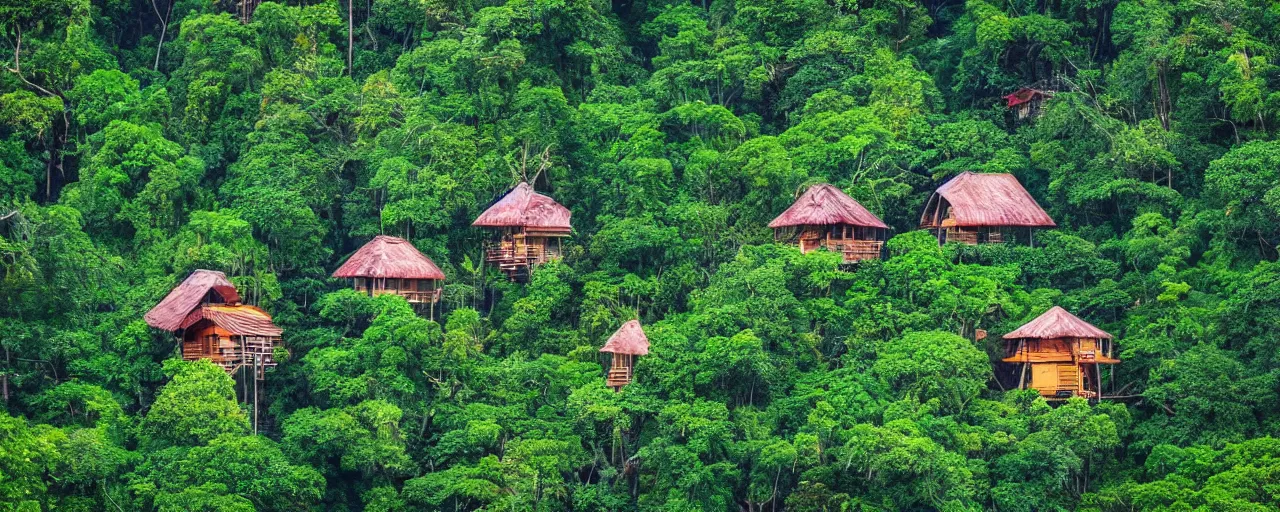 Image similar to A village of wooden tree houses surrounded by beautiful jungle, bold colours, aerial view, cartographic