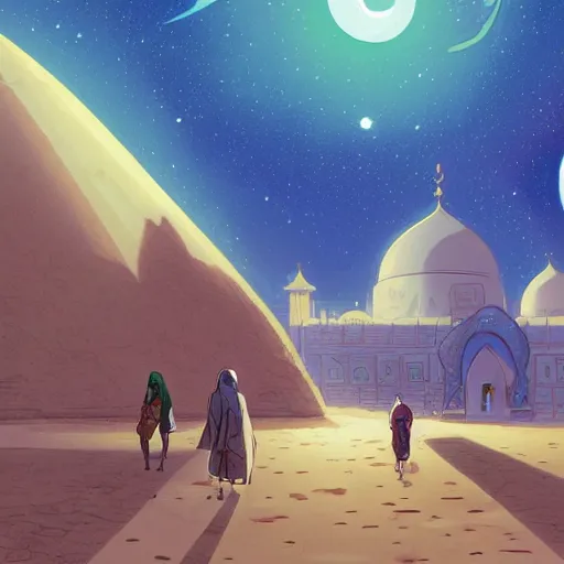 Image similar to bedouin walking towards mosque surrounded by nebula, artstation, detailed cartoon, elegant, digital painting, concept art, smooth, sharp focus, illustration, ghibli, makoto shinkai, don bluth, fujita goro, jean giraud, akihiko yoshida, tom whalen 8 k