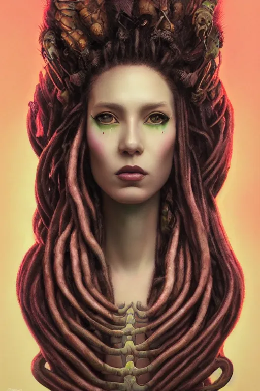 Image similar to portrait of an elegant alien queen with dreads snake hair, straight on portrait, by artgerm, tom bagshaw, gerald brom, vaporwave colors, lo fi colors, vaporwave, lo fi, 2 point studio lighting, dramatic lighting, 4 k, hd,