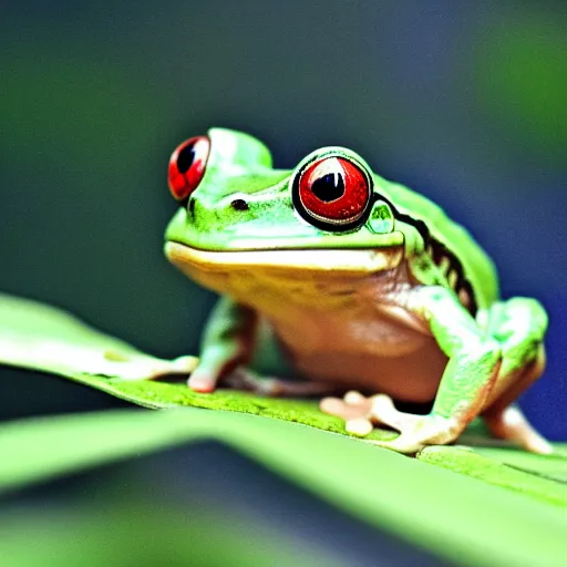 Prompt: a frog with a microphone for a head sitting on a wet leaf, nature photography, high resolution 8k, animal,