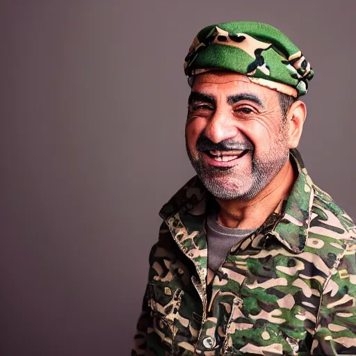 Prompt: professional portrait of a smiling middle aged arab man wearing military camouflage and a red beret, rainbow background, 8 k, intricate, detailed,