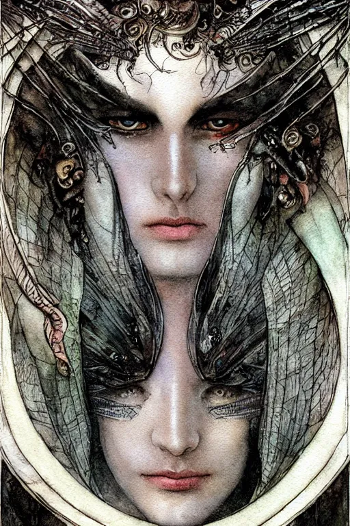 Image similar to dark fairy handsome male face closeup surrounded by a circular frame of bat wings, art by luis royo and walter crane and kay nielsen, watercolor illustration, ultra sharp focus