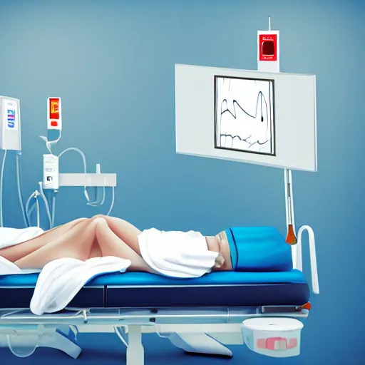 Image similar to IV station with patient in hospital bed getting blood transfusion, digital art