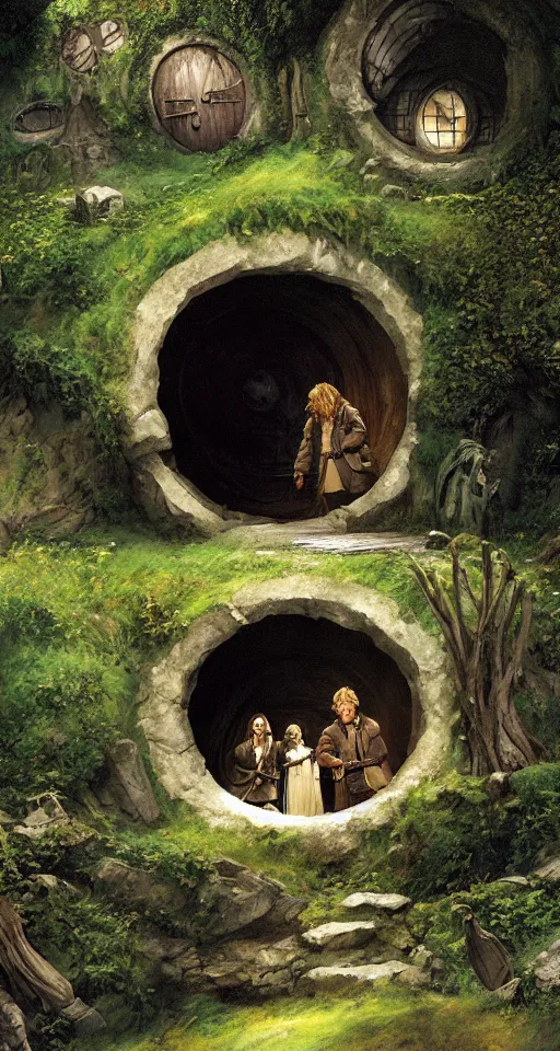 Image similar to concept illustration of a hobbit hole from lord of the rings ', by david mattingly and michael whelan and tim jacobus and francisco goya. realistic 8 k matte painting with photorealistic hd lighting. composition and layout inspired by gregory crewdson and brendon burton.