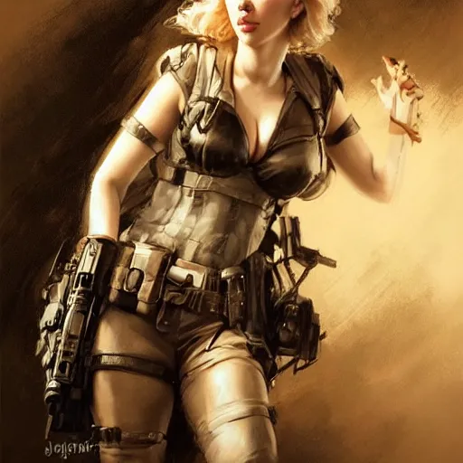 Image similar to painting of scarlett johansson wearing an eyepatch, epic, tragic, military art, fantasy, dieselpunk, hd shot, digital portrait, beautiful, artstation, comic style, by artgerm, guy denning, jakub rozalski, magali villeneuve and charlie bowater