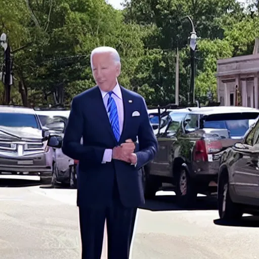 Prompt: dashcam footage of joe biden doing standing in the middle of the street