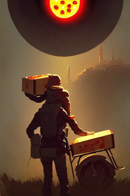 Image similar to greg rutkowski travel poster science fiction pizza delivery boy