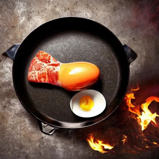 Image similar to a frying pan cooking a dinosaur egg. food magazine photograph.