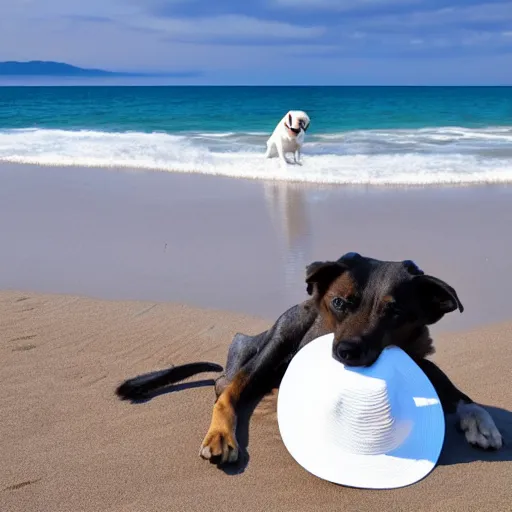 Image similar to Dog with white hat on the beach having a picknick