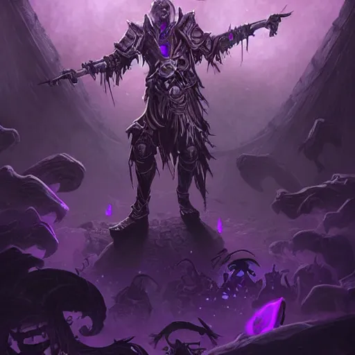 Image similar to a necromancer holding a bone staff calling an army of undead rising from the ground in the background, violet theme, hearthstone art style, epic fantasy style art, fantasy epic digital art, epic fantasy card game art