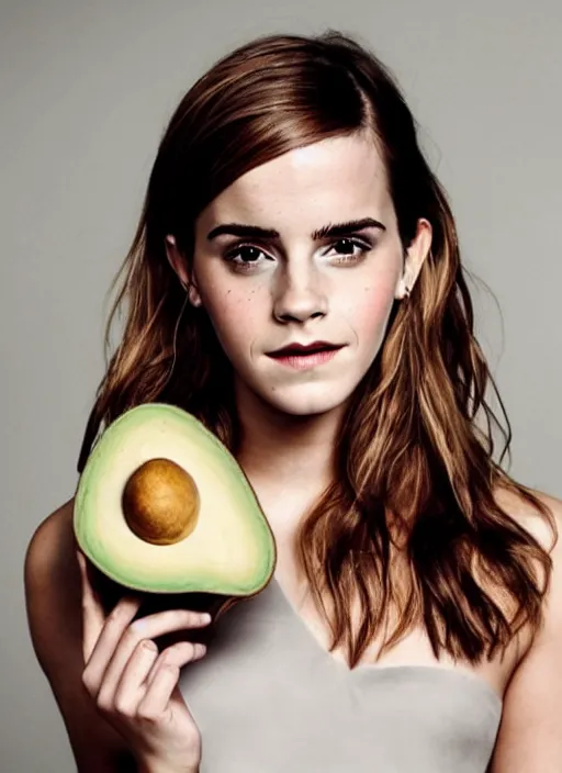 Image similar to emma watson and an avocado, high quality photography