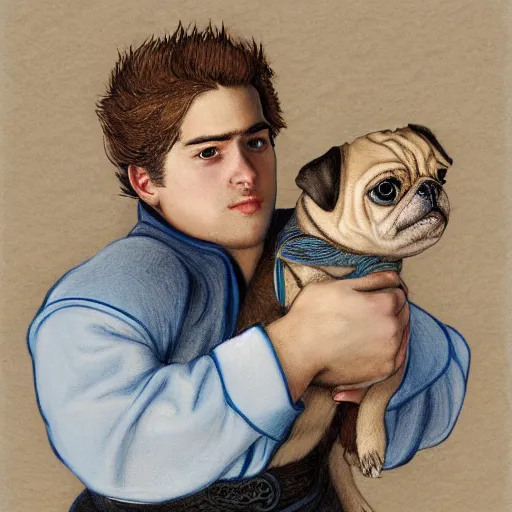 Prompt: self portrait, young white hispanic handsome man with short light brown hair and light skin and a 5 o clock shadow, holding a pug for a picture, fighting against 2 swordsmen pencil art, added detail, high definiton, colored, backfacing, illustrated by raphael