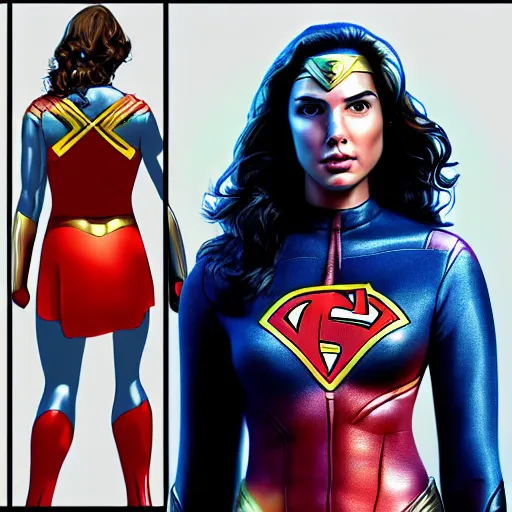 Image similar to an potrait of gal gadot cast of power girl, photorealistic, high detail, full body shot.