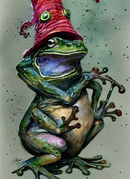 Image similar to detailed frog with a wizard hat by jean - baptiste monge and frank frazetta, post processing, painterly, book illustration watercolor granular splatter dripping paper texture, ink outlines, painterly, trending on artstation, trending on pinterest childrens art