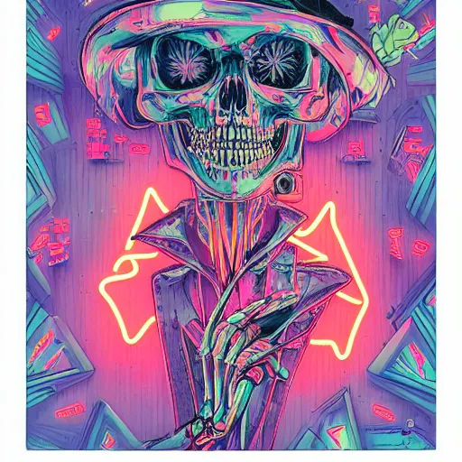 Image similar to neon skeleton, synthwave by james jean