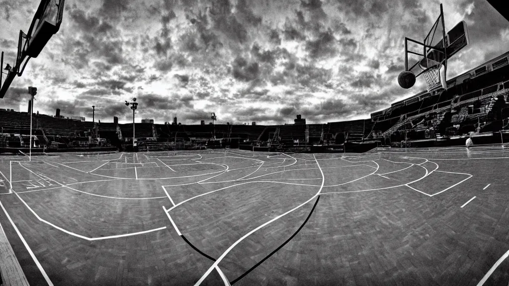 Prompt: a photograph the basketball court at the united center, in the styles of cameron look, andrew bernstein, and ansel adams. intricate, hyperrealistic, monochrome hdr, accurate court
