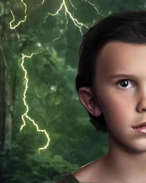 Image similar to Portrait of Millie Bobby Brown in a jungle of lightning