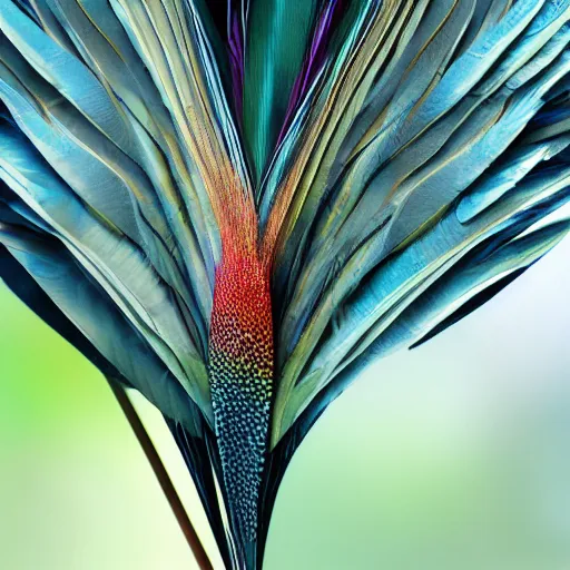 Image similar to closeup photo a bird of paradise, covered in feathers. extremely large wings. extreme detail, hyperrealistic photo, gloomy