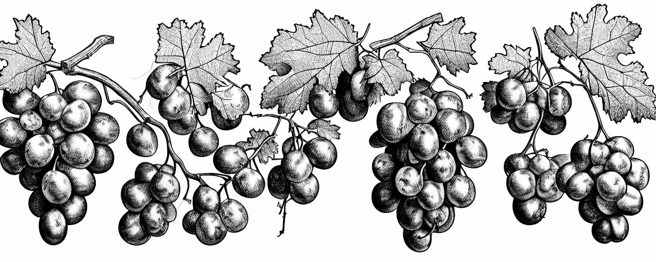 Prompt: a full page schematic diagram illustration of an oak branch with oak leaves!! and grapes, ultra detailed, 4 k, intricate, encyclopedia illustration, fine inking lines