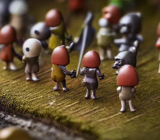 Image similar to miniature figurines of heironymus bosch monsters, close up, detail, tilt shift, product photography